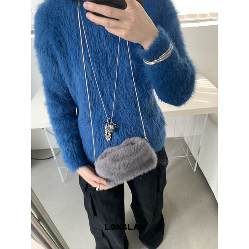 Lonslan BAG 2024WINTER秋冬毛绒小方包手机包可爱链条零钱包