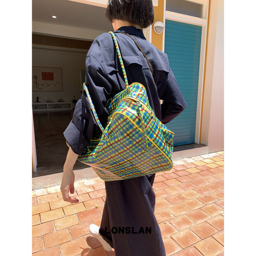 Lonslan BAG 26早秋 宅女同款黄蓝格子大容量旅行包单肩托特包