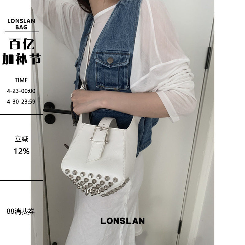 Lonslan BAG 2025设计感铆钉纽扣斜挎长肩带水桶包包