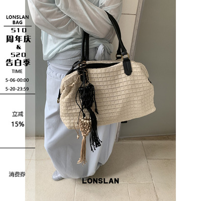 Lonslan BAG 2026春夏新款编织时尚撞色大容量托特包手提斜挎包包