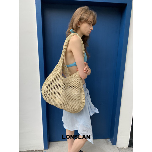 Lonslan BAG 2026春夏慵懒风大容量草编复古镂空单肩包度假包