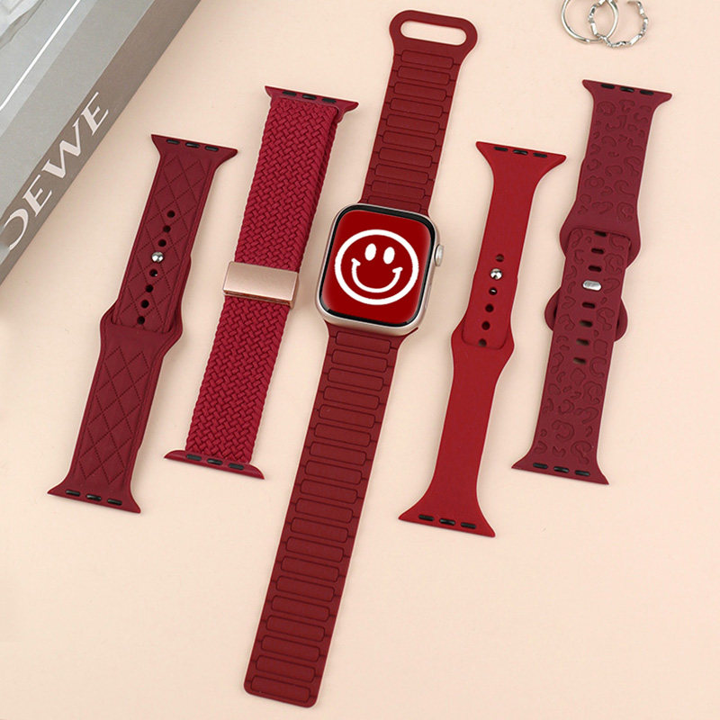 适用applewatchs11/10表带春节编织尼龙苹果S9手表表带运动硅胶细款iwatch手表带s8男女se高级可爱s7磁吸酒红