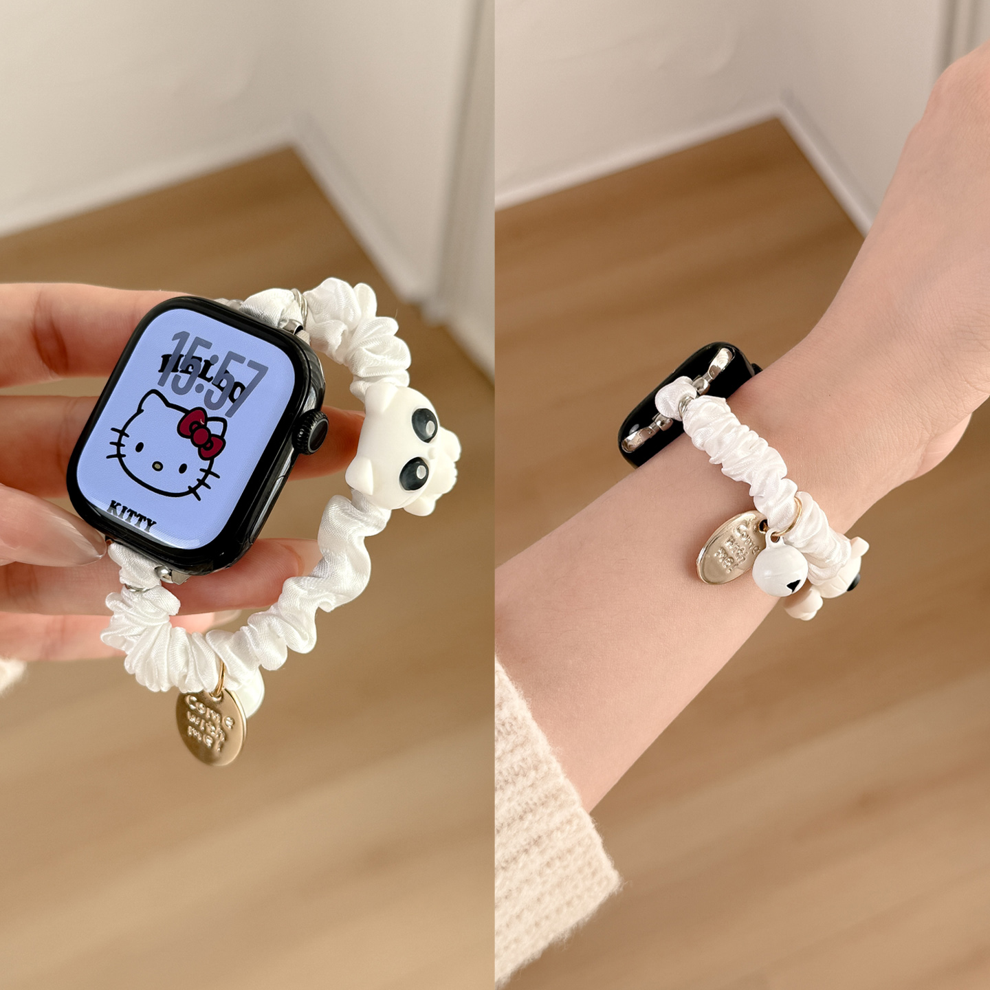 适用iwatch黑白猫铃铛手表带