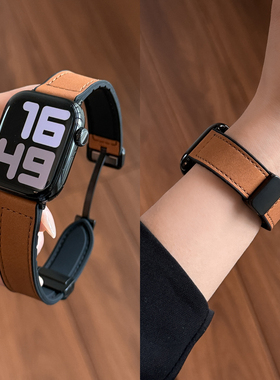 适用iWatch11手表表带AppleiWatchs11/10新款皮纹s10疯马纹男女款s9腕带S8皮质ultra2代高级小众苹果手表带s7