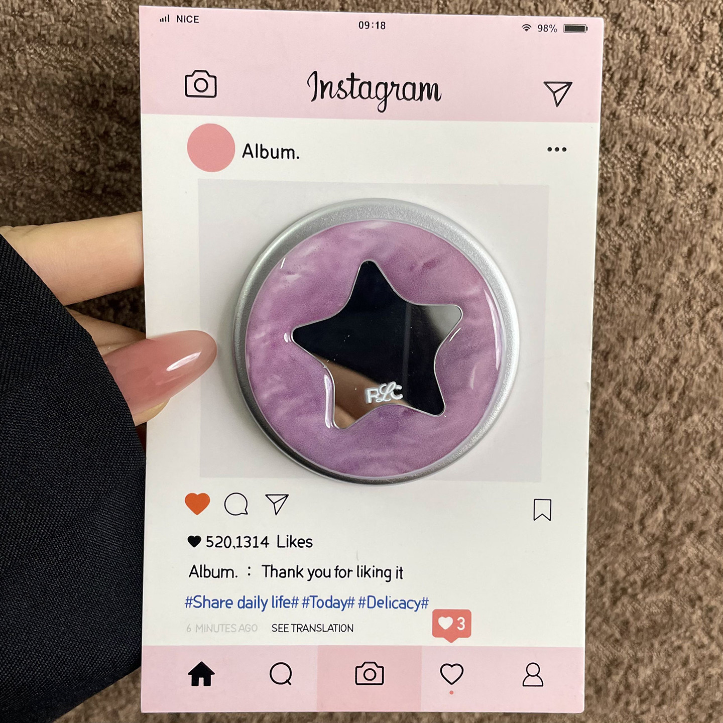 可爱镜面星星伸缩气囊手机支架便携磁吸支架高颜值ins风手机座创意女款紫色补妆镜高级新款背贴桌面追剧底座