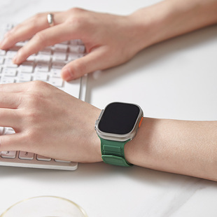 适用苹果applewatch表带S10皮纹车线硅胶磁吸iwatch8代se创意新款 双色运动男女49mm46高级s9小众ultra手表带