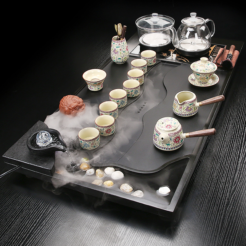 整块乌金石茶盘全自动玻璃烧水壶一体茶具套装办公功夫茶杯大茶台