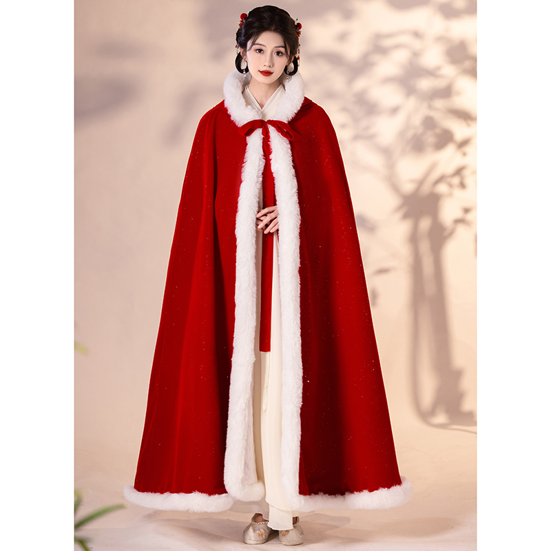 2025新款披风女冬季古风新娘结婚大氅斗篷加厚加绒保暖红色披肩