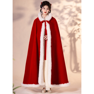 2025新款披风女冬季古风新娘结婚大氅斗篷加厚加绒保暖红色披肩