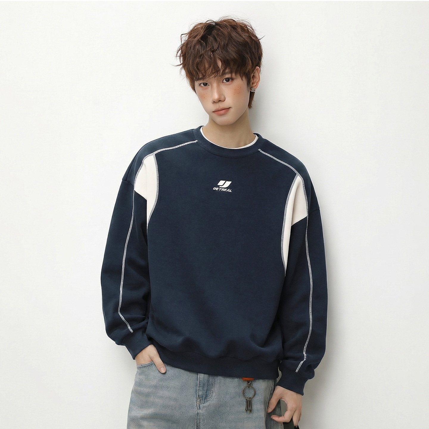 明线撞色拼接卫衣男士2026春季宽松廓形圆领380G棉涤美式运动休闲,男装,卫衣,淘宝优惠券,粉丝福利购,淘宝优惠卷