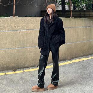 直筒拖地阔腿裤 黑色高级感哑光pu皮裤 高腰窄版 爆款 女2025秋冬新款