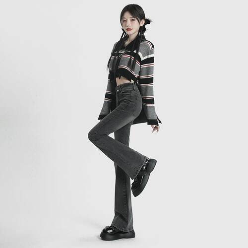 RNBN牛仔微喇裤女高腰2024秋冬百搭弹力显瘦复古拖地喇叭裤子