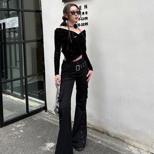 DIDI DESIGN 辣妹设计感小众工装铆钉裤子低腰黑色喇叭裤女春夏