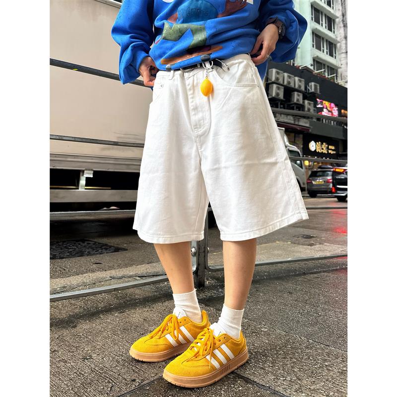 XBRO美式休闲白色百搭宽松男女情侣直筒高级五分裤牛仔裤夏季短裤