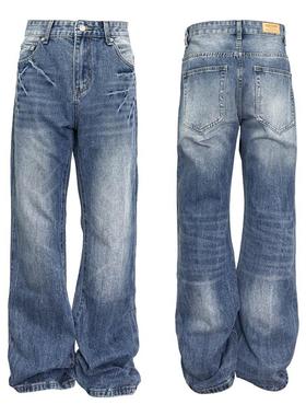 Down Minority cleanfit水洗蓝白闪电裂纹牛仔裤美式高街vibe长裤