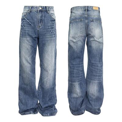 Down Minority cleanfit水洗蓝白闪电裂纹牛仔裤美式高街vibe长裤