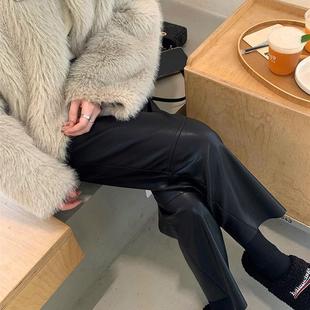 女 柔软仿真小羊皮高腰宽松显瘦PU皮休闲裤 九分直筒皮裤 2024秋季