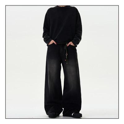 MADWITCH复古水洗bootcut牛仔裤男女宽松休闲阔腿直筒黑色裤子ins