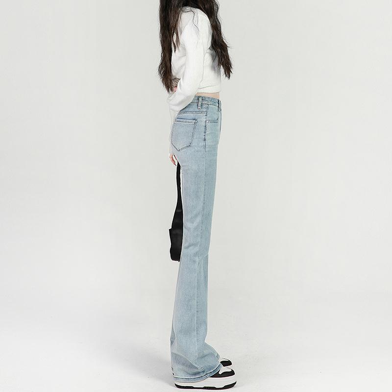 (现货)加绒秋冬浅蓝色微喇牛仔裤女高腰显瘦弹力马蹄裤修身小个子