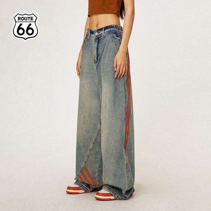 【TF家族同款】ROUTE66美式拼接条纹牛仔裤男女秋季宽松阔腿裤子