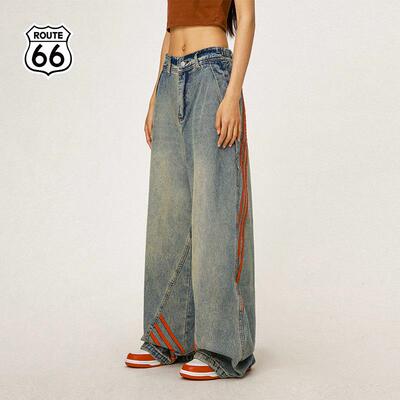 【TF家族同款】ROUTE66美式拼接条纹牛仔裤男女秋季宽松阔腿裤子