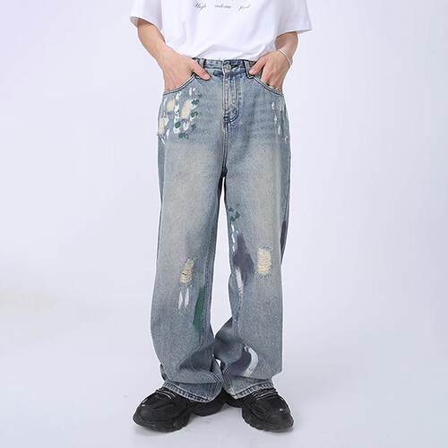 Voguo Relay显瘦牛仔裤破洞设计感宽松直筒拖地阔腿男女