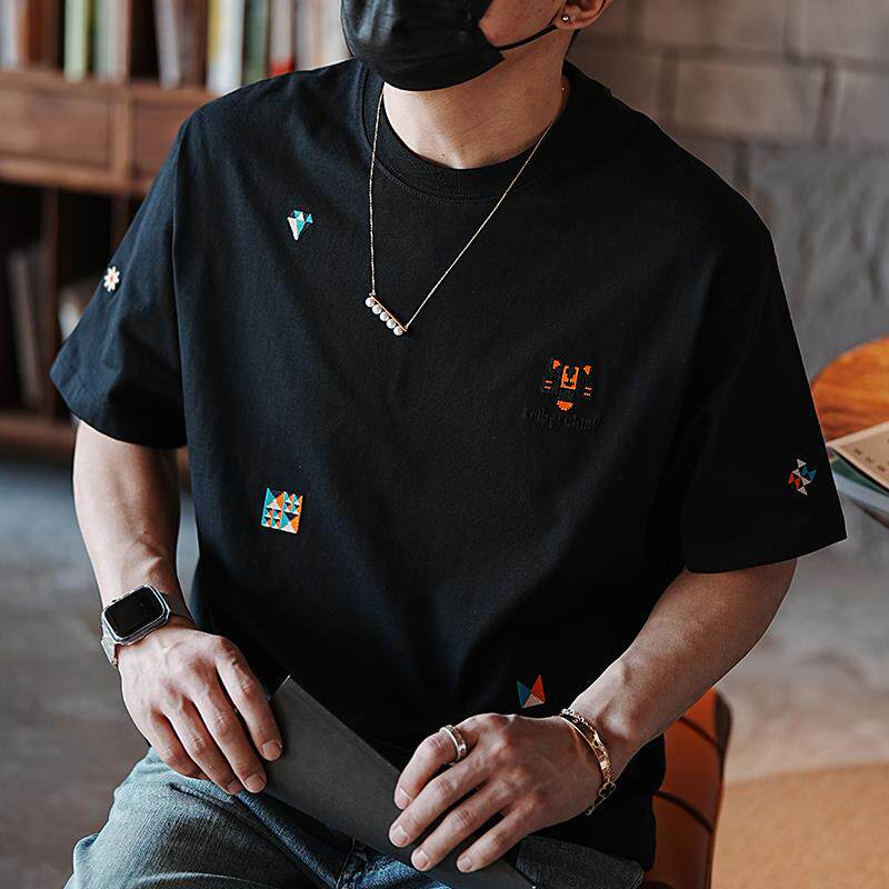 港风潮牌ins圆领纯棉男士短袖T恤夏季时尚刺绣宽松打底半袖体恤衫