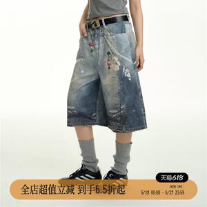TGNS3D打印挂饰印花七分牛仔裤女设计感五分裤子美式宽松短裤男夏