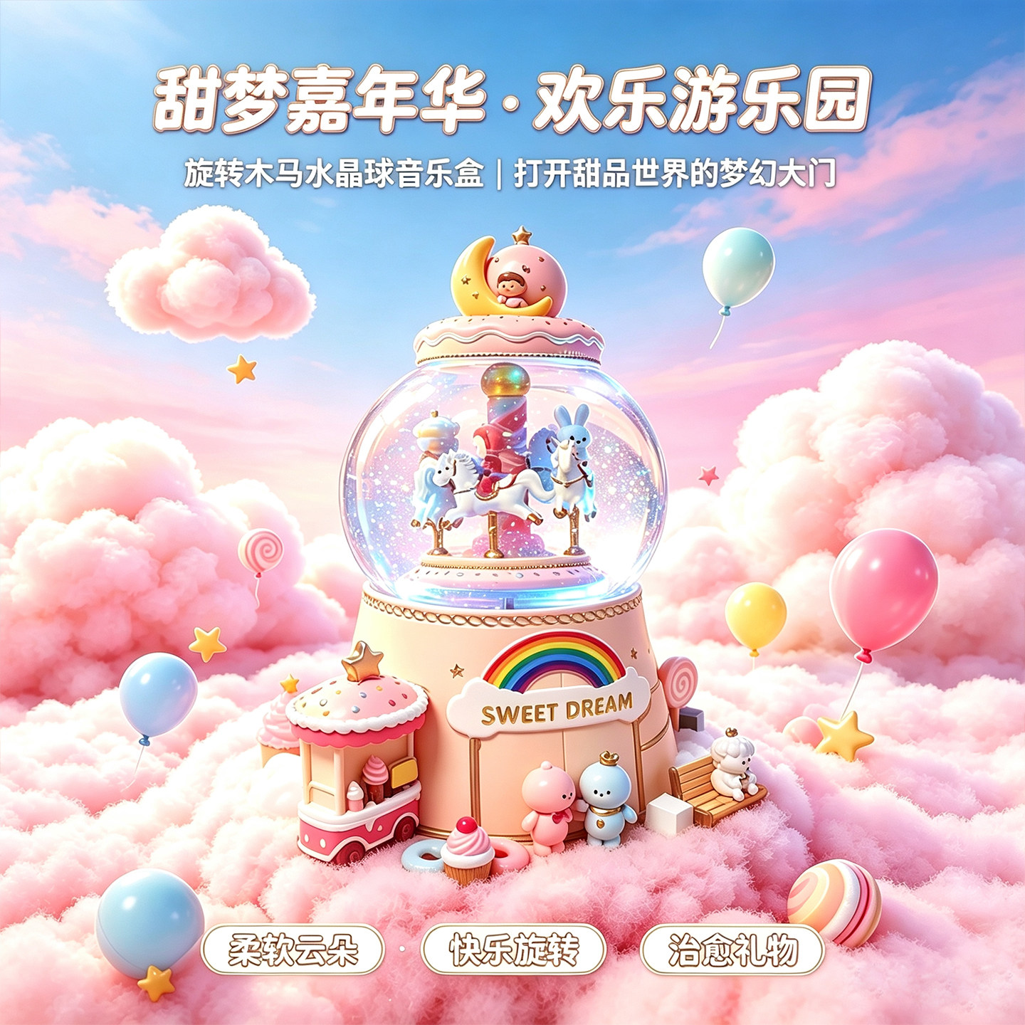 旋转木马水晶球音乐盒发光八音盒梦幻游乐场女孩儿童生日礼物摆件