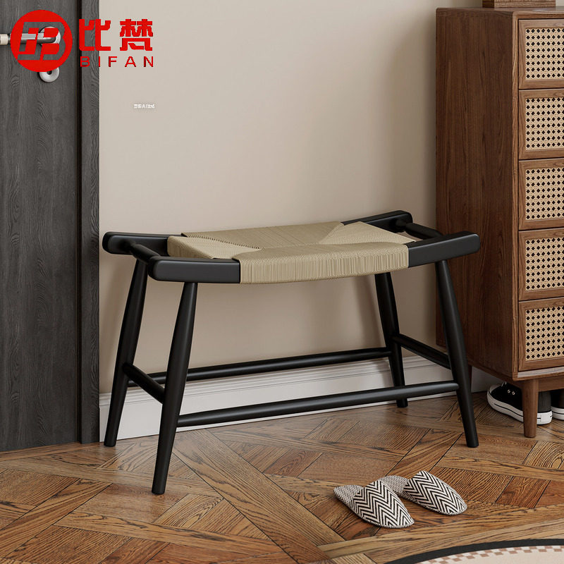 中古藤编换鞋凳门口家用实木小方凳玄关凳子卧室床尾凳侘寂风藤椅