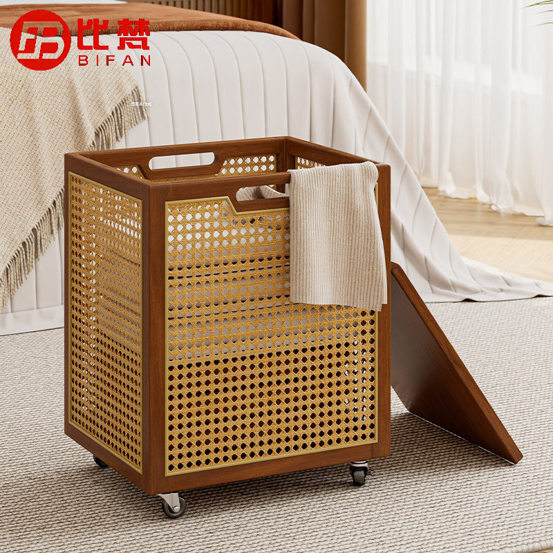 脏衣篓中古实木藤编家用脏衣篮可移动收纳筐瑜伽垫健身器材收纳桶