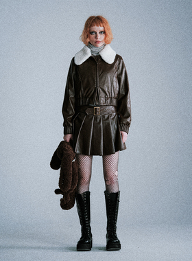 Lapaki Paka 巧克力色短款毛领皮衣外套+复古百褶高腰皮裙半身裙