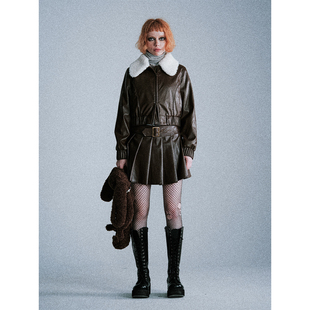 Lapaki Paka 巧克力色短款毛领皮衣外套+复古百褶高腰皮裙半身裙