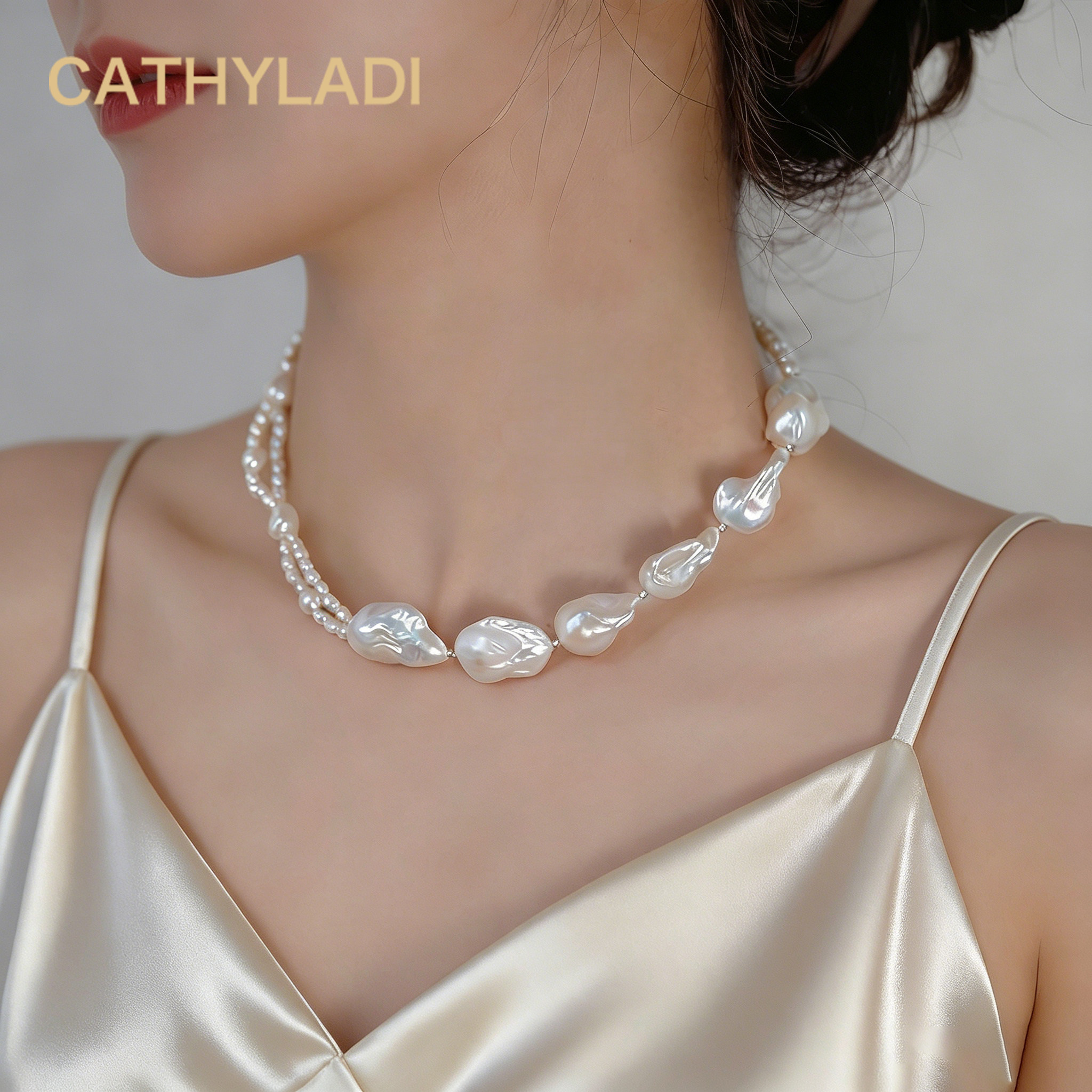 CATHYLADI天然异形极光炫彩巴洛克珍珠项链小众双层设计复古送礼