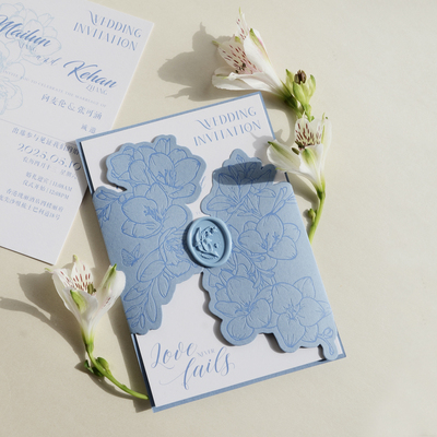 蓝色法式请柬婚礼喜帖定制