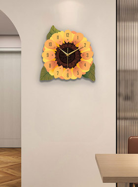 向日葵北欧饭厅装饰画带钟表画客厅饭厅挂钟现代简约餐桌壁画挂画