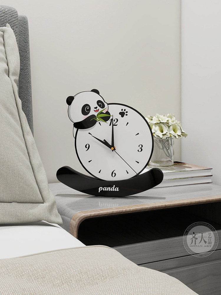 玄关鞋柜台面装饰摆件客厅电视柜熊猫时钟书桌家居饰品钟表摆放式
