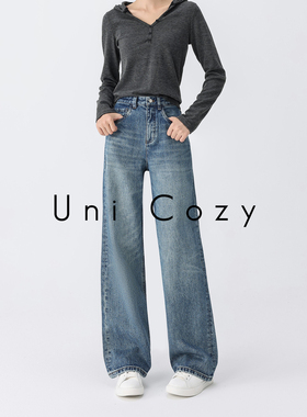 Uni Cozy 【摩登复古】 猫须纹理廓形复古洗水高腰阔腿牛仔裤 233