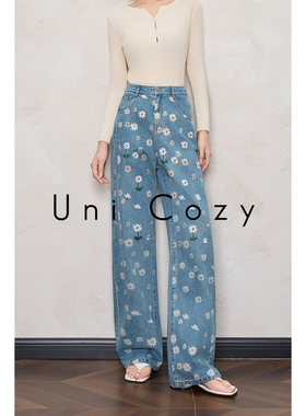 Uni Cozy【口碑版型】重工刺绣印花小雏菊纯棉休闲率性直筒牛仔裤