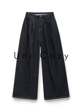 Uni Cozy【极简老钱感】随性松弛双褶设计薄绒高腰显瘦阔腿牛仔裤