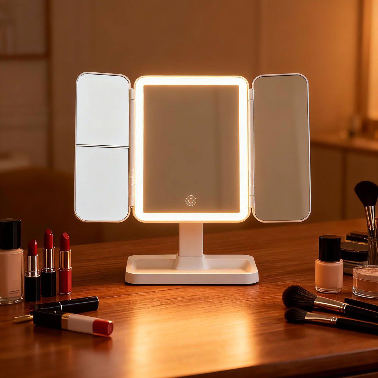 【博主推荐】台式学生化妆镜三合一体贝壳三面收纳盒折叠梳妆镜子