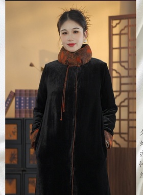 【灵刻】冬季新款丝绒棉服优雅气质时尚复古长款保暖棉服24815