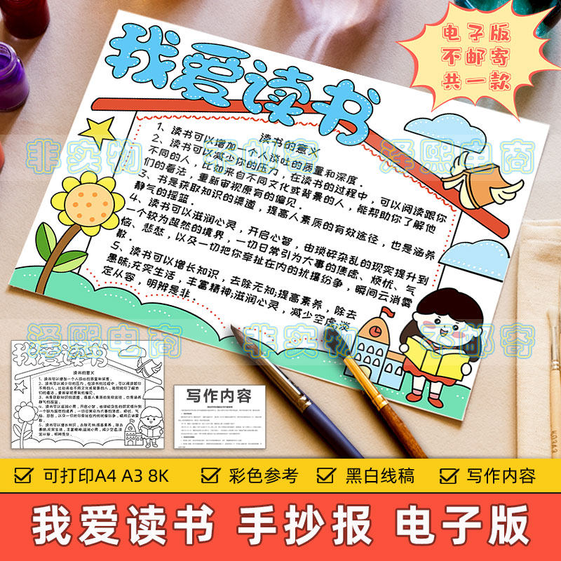 我爱读书手抄报模板电子版小学生读书阅读好处意义宣传读书日小报