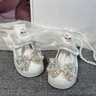 儿童水钻蝴蝶结白色帆布鞋女童鞋玛丽珍布鞋2026春秋款软底饼干鞋