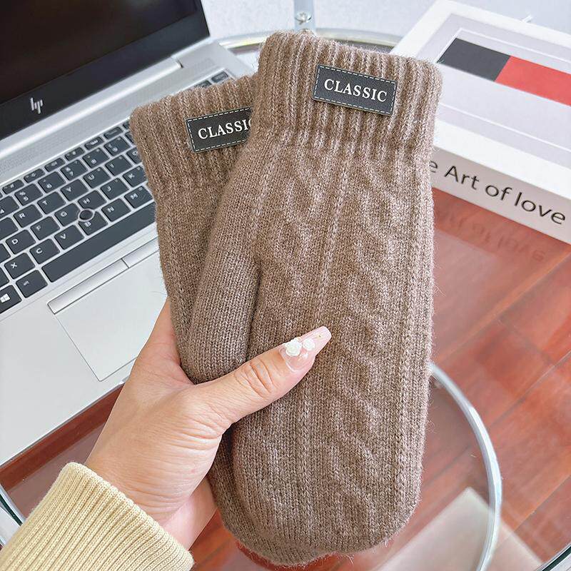 手套男士冬季加绒加厚不分指双层毛线全包连指户外骑行防寒冻保暖