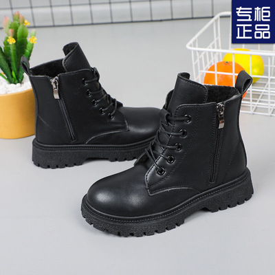 女童靴子秋冬儿童短靴加绒鞋子冬季女宝宝皮靴女孩马丁靴童鞋黑色