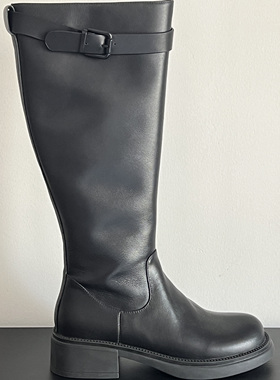 英伦风黑色真皮高筒靴女皮带扣粗跟显瘦骑士靴