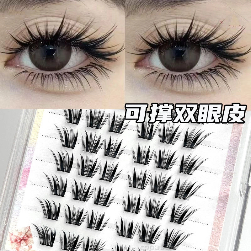 新款免胶小信子新中式假睫毛浓密斜飞日系漫画氛围慵懒风单簇自然