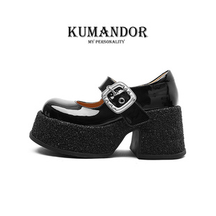 KUMANDOR 2024新款 真皮玛丽珍女鞋 KMD 小个子增高单鞋 粗跟小皮鞋