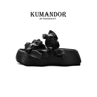 新款 真皮凉拖鞋 KUMANDOR 女外穿厚底一字拖鞋 配裙子 2024夏季 KMD